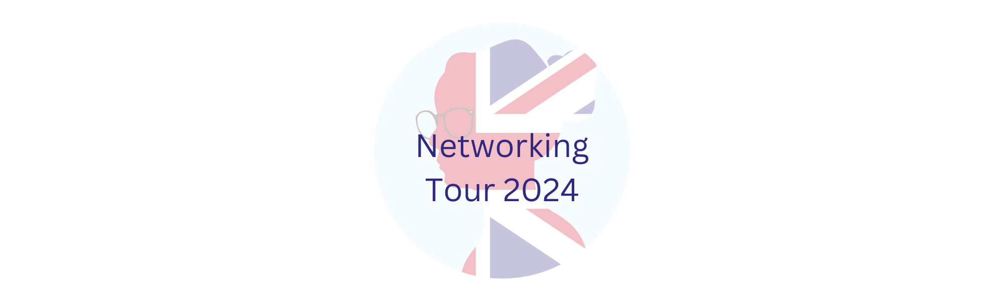 Image is the Jane Eggers Translations logo, which is a silhouette of Jane's profile with hair in a bun and glasses. The silhouette is filled with the Union Jack. The header across the logo says 'Networking Tour 2024'
