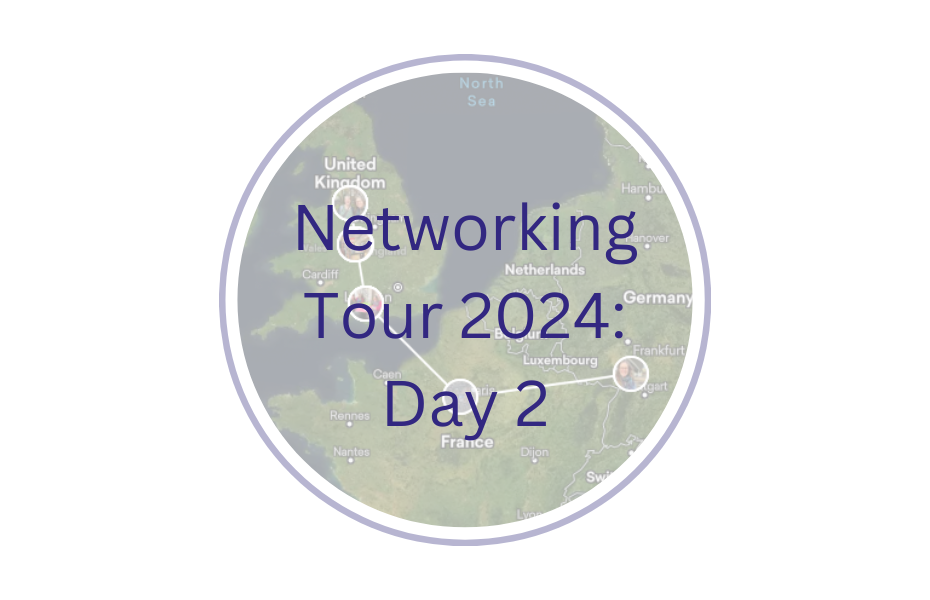Round section of map showing northern France and the UK. Points show Heidelberg, Paris, London, Winchester, Manchester and Birmingham. Text reads, "Networking Tour 2024: Day 2"