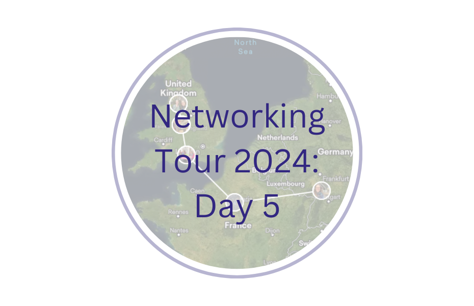 Round section of map showing northern France and the UK. Points show Heidelberg, Paris, London, Winchester, Manchester and Birmingham. Text reads, "Networking Tour 2024: Day 5
