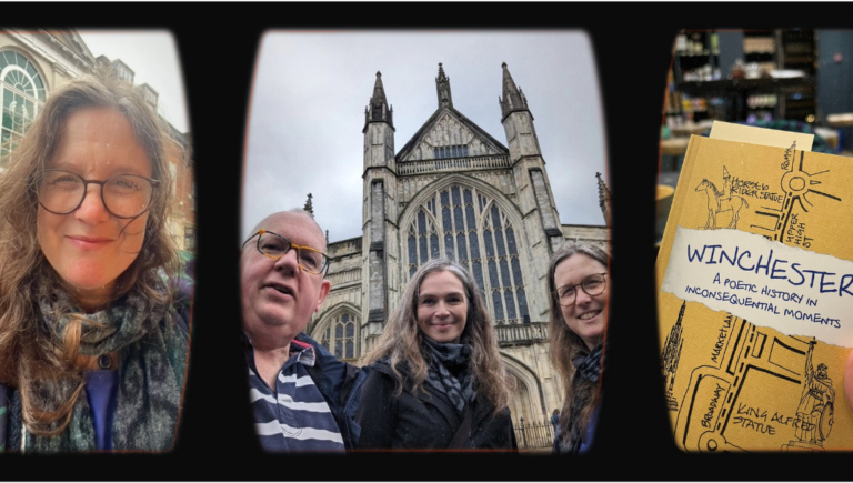 Three-frame photo. Jane Eggers looking bedraggled in the rain; Paul Appleyard, Suzie Withers and Jane Eggers in front of Winchester cathedral; little yellow book called 'Winchester: A Poetic History in Inconsequential Moments' by Jon Seagrave.