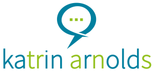 Logo in blue and green with a speech bubble image. Text says "Katrin Arnolds"